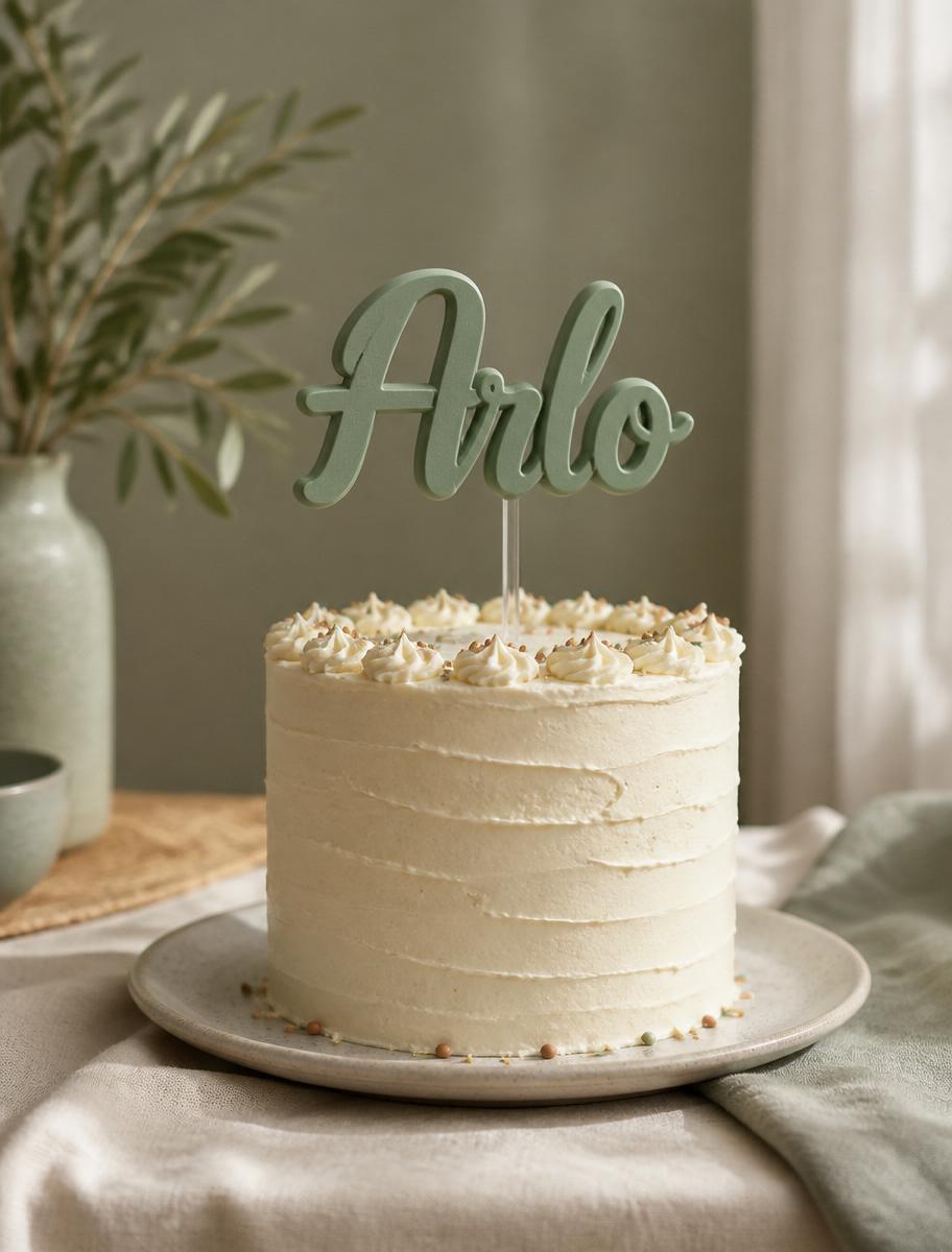 A 3D-printed custom name cake topper on a stick in the top of a birthday cake