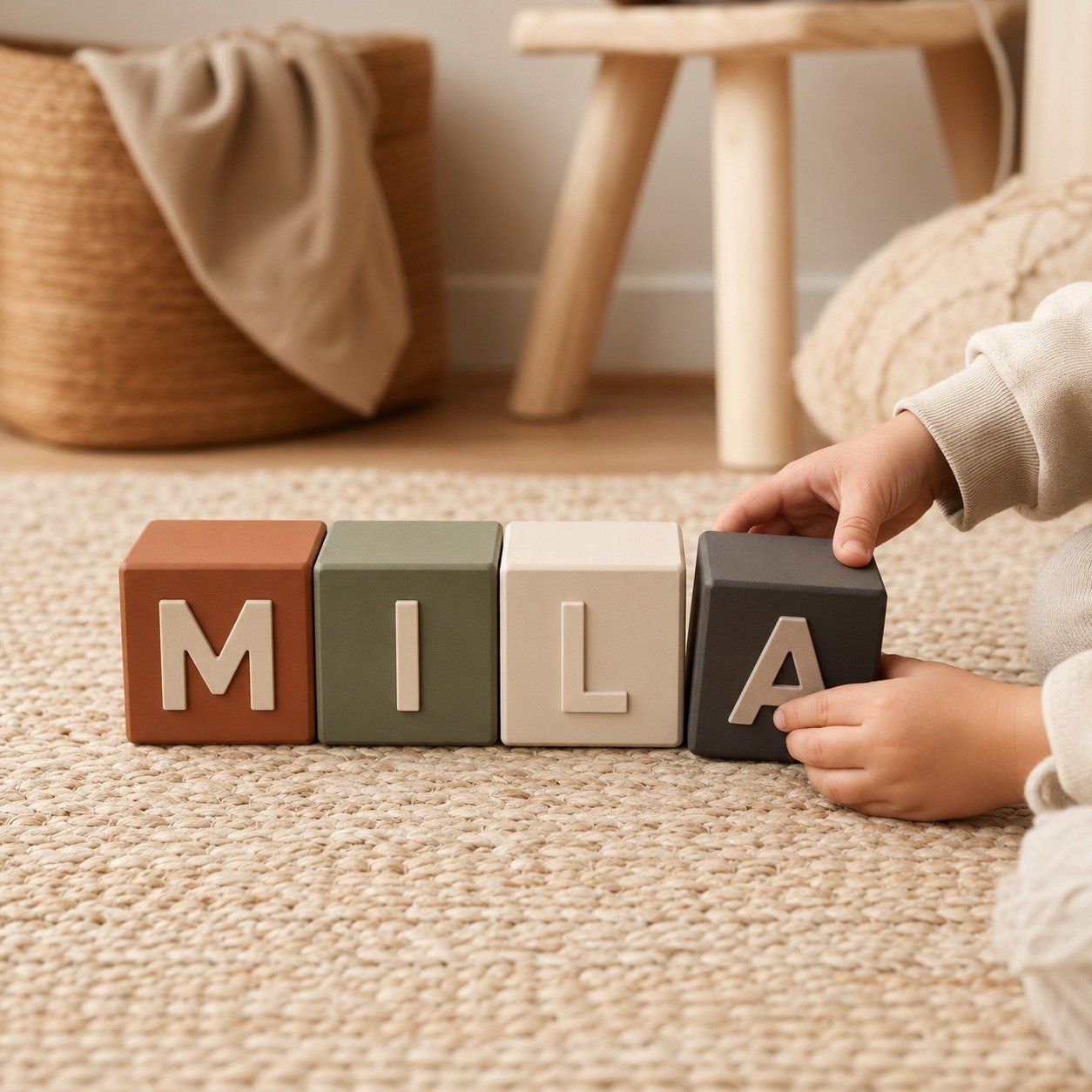 A toddler playing on a light rug with a set of personalised wooden-look 3D-printed name blocks that spell "MILA" — a MadeDear baby-shower keepsake.