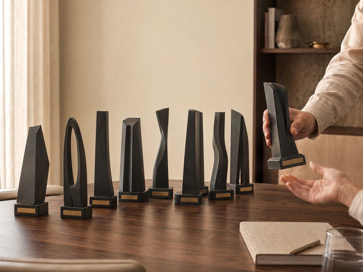 A row of bespoke matte-black 3D-printed corporate award sculptures lined up on a studio bench — MadeDear personalised team and recognition gifts.