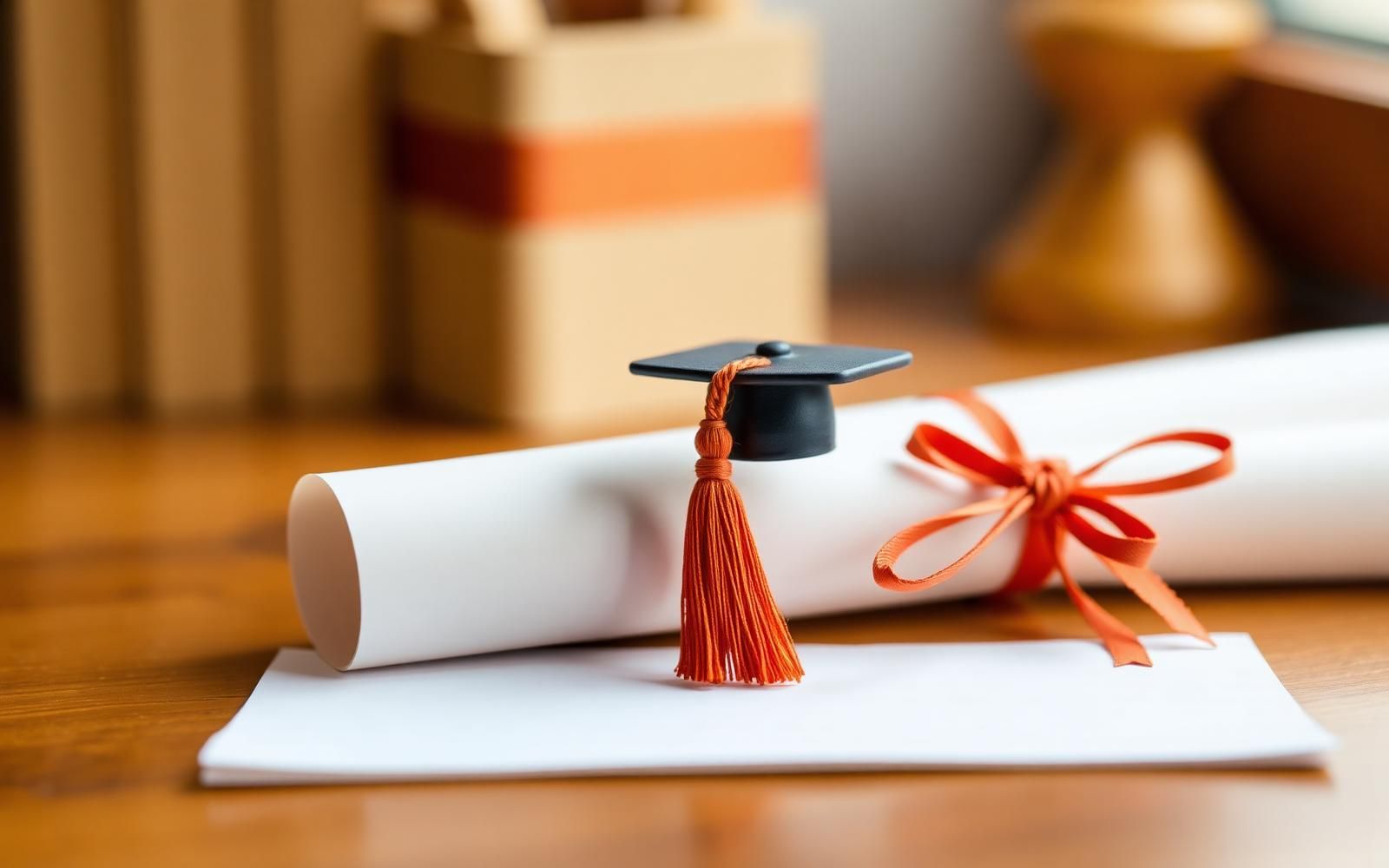 A personalised graduation figurine of a young woman in cap and gown, on a bookshelf