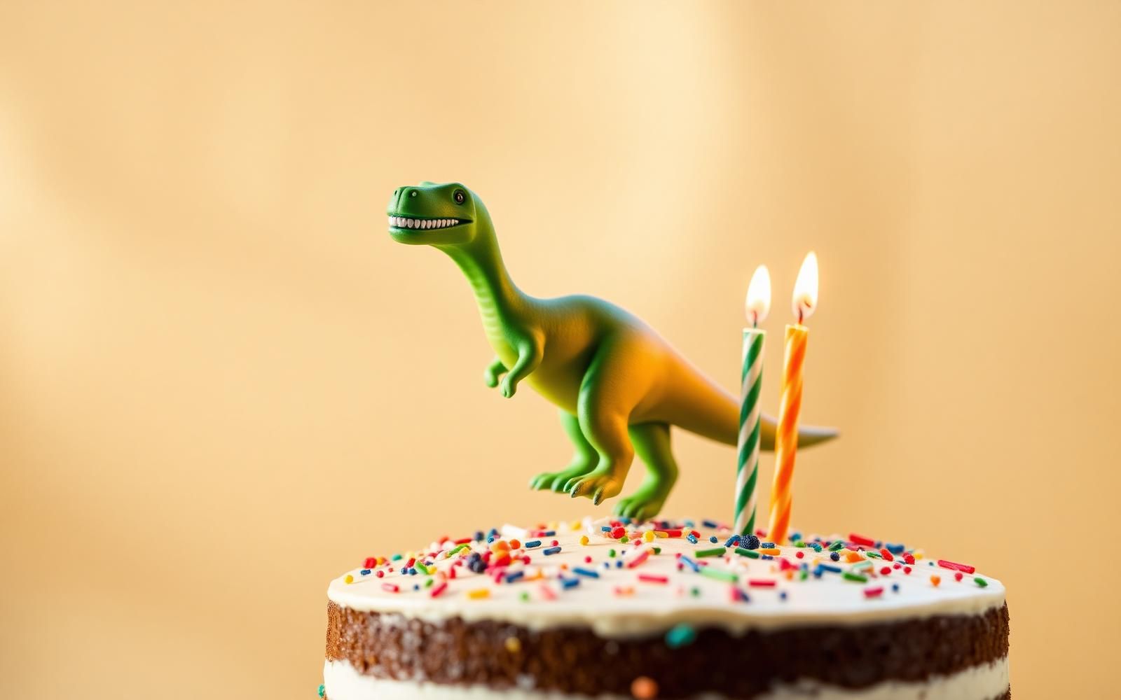 A birthday cake with a colourful personalised cake topper of a smiling child