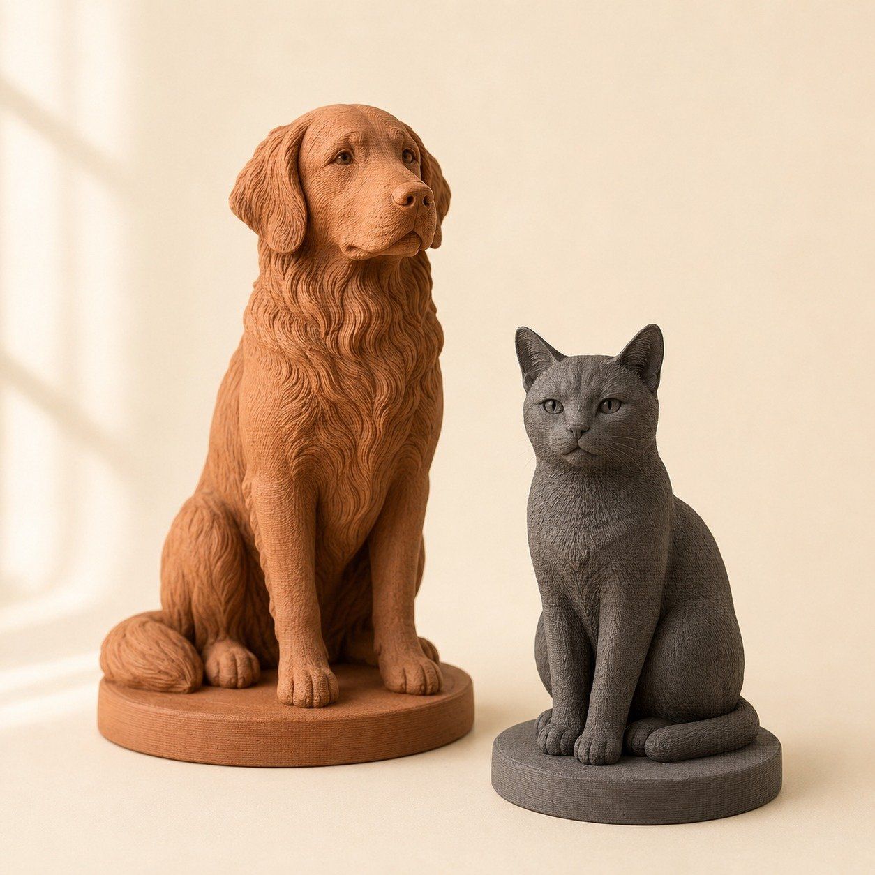 Two personalised MadeDear pet sculptures displayed together — a terracotta 3D-printed dog and a soft-grey cat, each shaped from an owner's photo.
