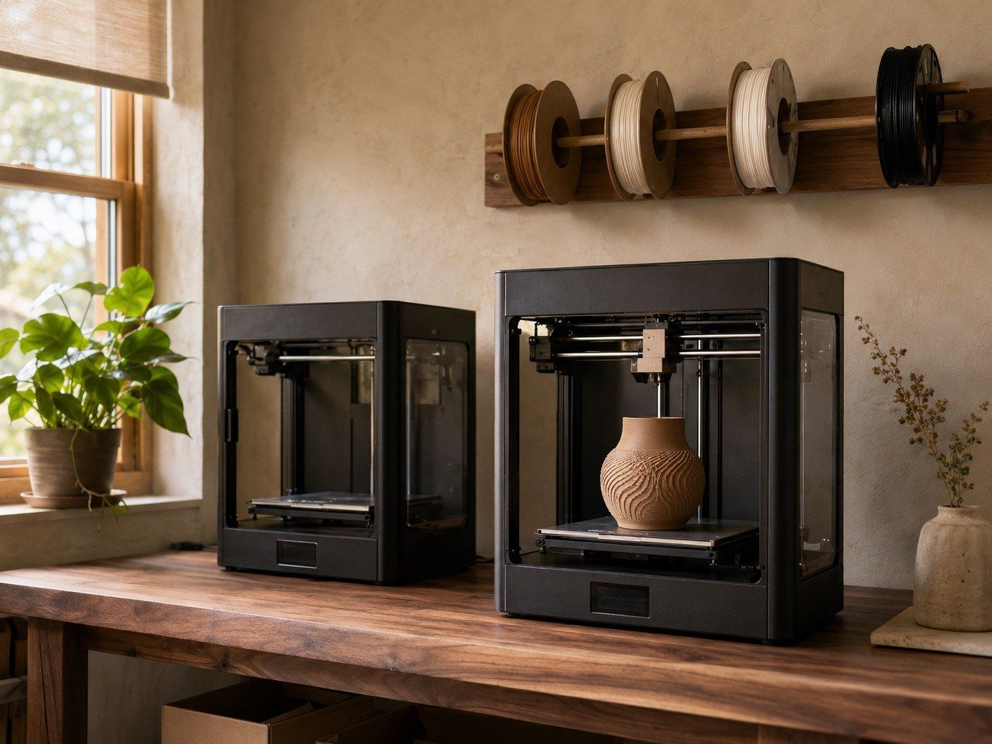Two enclosed 3D printers running side by side in the MadeDear studio, with warm task lighting and a shelf of finished terracotta vases in the background.