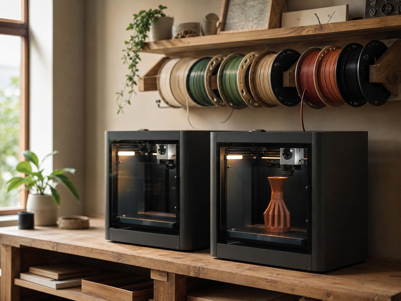 Two enclosed Bambu Lab-style 3D printers side by side in the MadeDear studio, mid-print, with a wall rack of muted terracotta, sage and cream filament spools and warm task lighting.