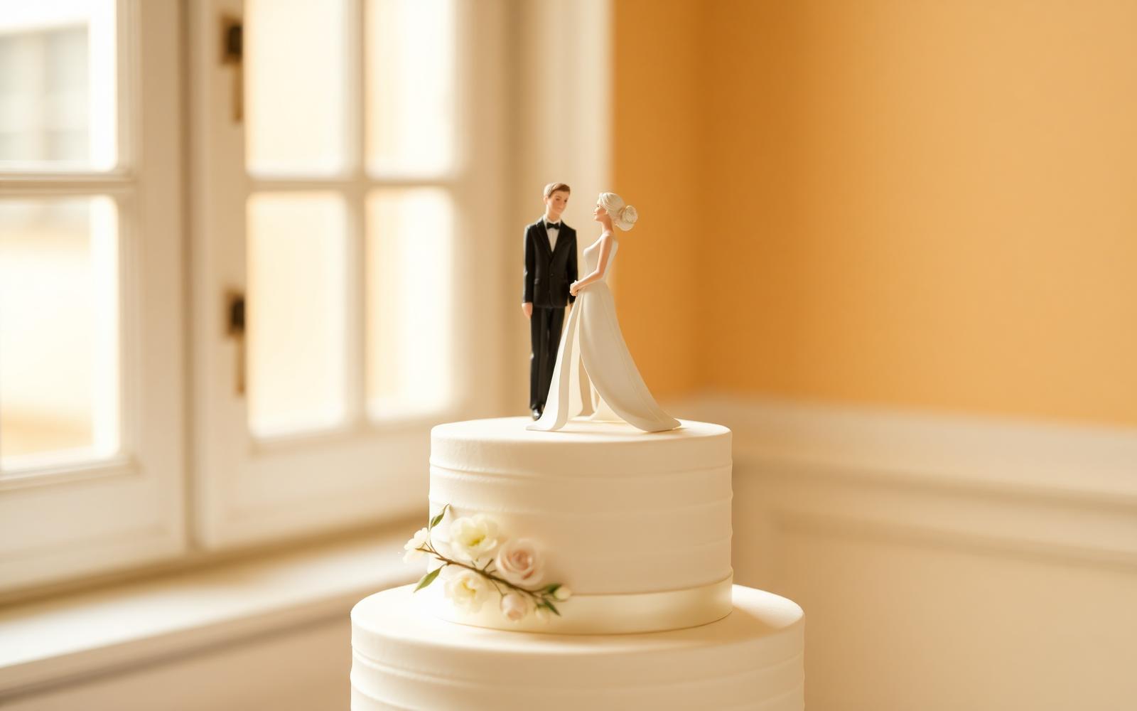 A wedding cake with a hand-crafted personalised cake topper of the couple
